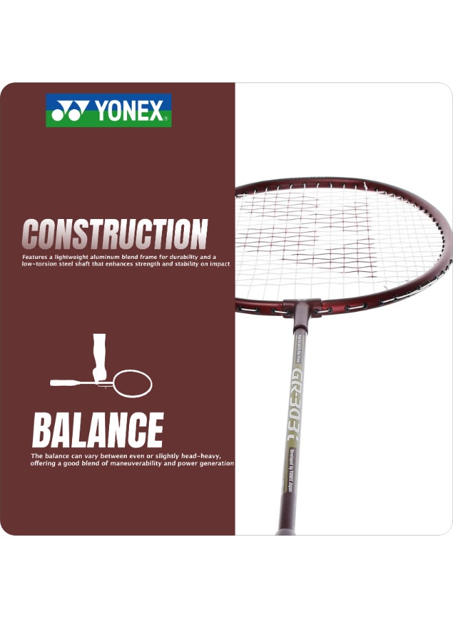 يونيكس مضرب تنس الريشة Yonex GR 303 مصنوع من مزيج الألومنيوم، بغطاء كامل - إطار خفيف الوزن ومتين، مضرب مشدود مسبقًا للمبتدئين واللاعبين الهواة، أسود - Image 2